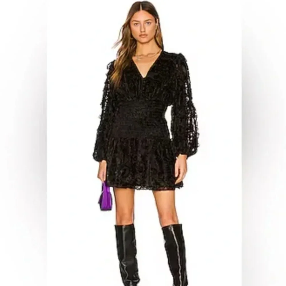Rococo Sand Sade Lace Trim Mini Dress in Black NWT